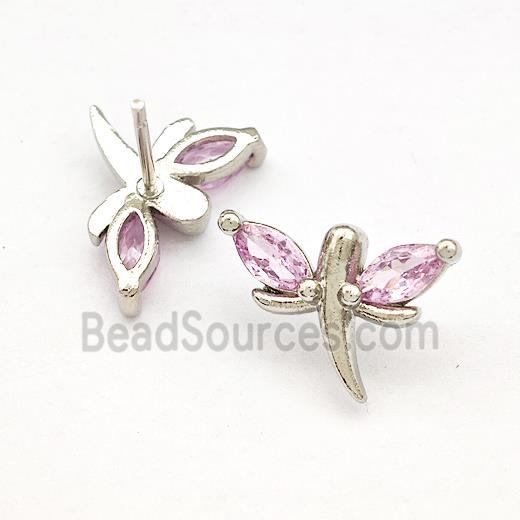 Copper Dragonfly Stud Earrings Pave Pink Zirconia Platinum Plated