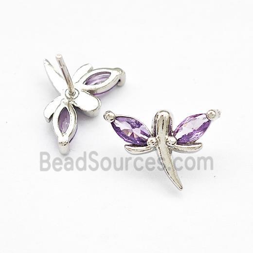 Copper Dragonfly Stud Earrings Pave Purple Zirconia Platinum Plated