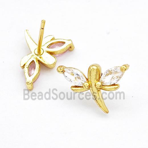 Copper Dragonfly Stud Earrings Pave Zirconia Gold Plated