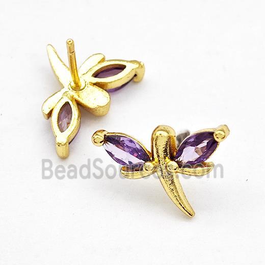 Copper Dragonfly Stud Earrings Pave Puprle Zirconia Gold Plated