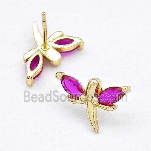 Copper Dragonfly Stud Earrings Pave Fuchsia Zirconia Gold Plated