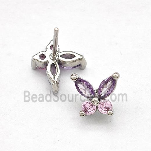 Copper Butterfly Stud Earrings Pave Zirconia Platinum Plated