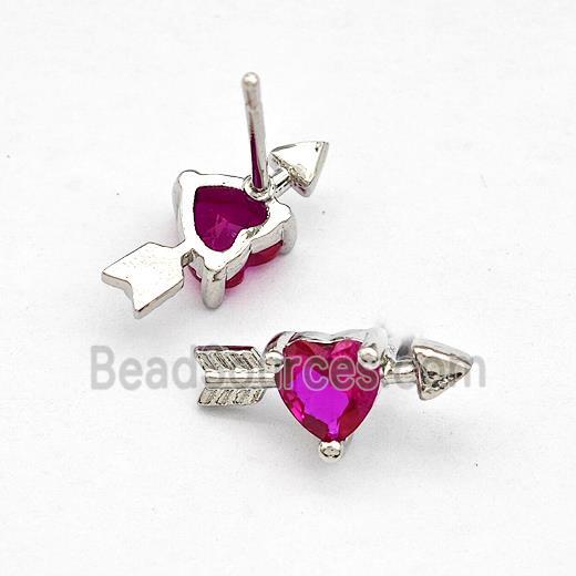 Copper Stud Earrings Pave Fuchsia Zircon Cupids Arrow Heart Platinum Plated