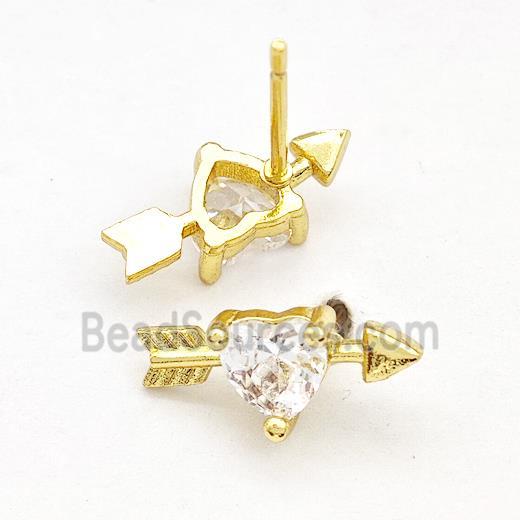 Copper Stud Earrings Pave Zircon Cupids Arrow Heart Gold Plated