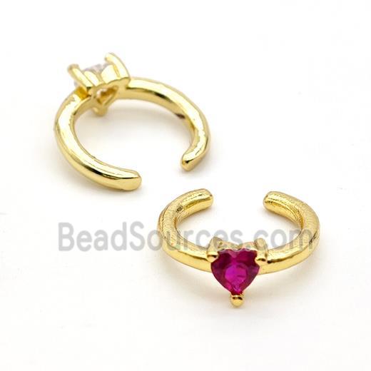 Copper Clip Earrings Pave Fuchsia Crystal Glass Heart Gold Plated