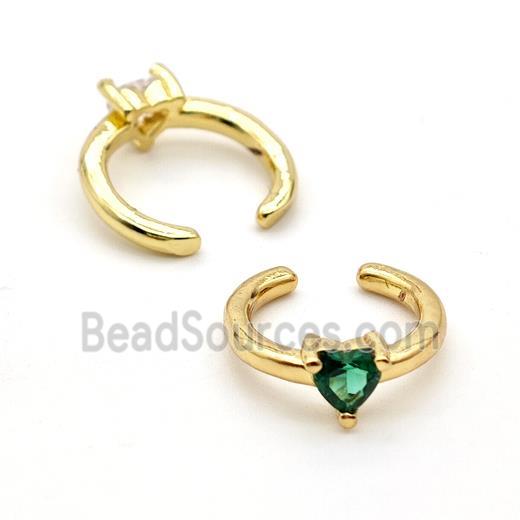 Copper Clip Earrings Pave Green Crystal Glass Heart Gold Plated