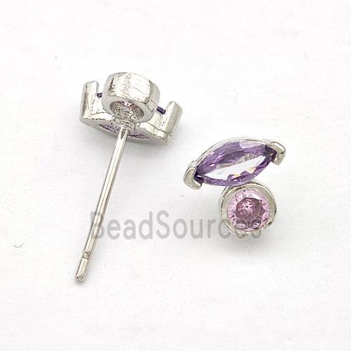 Copper Stud Earrings Pave Purple Zirconia Eye Platinum Plated