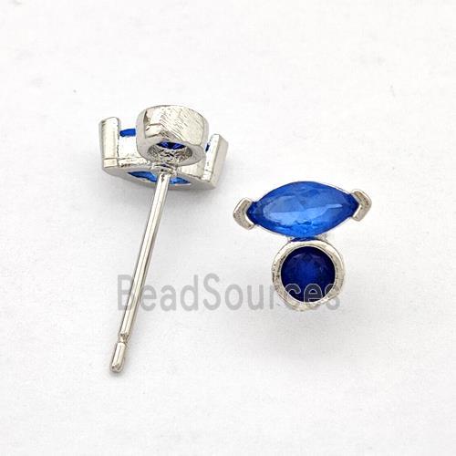 Copper Stud Earrings Pave Blue Zirconia Eye Platinum Plated