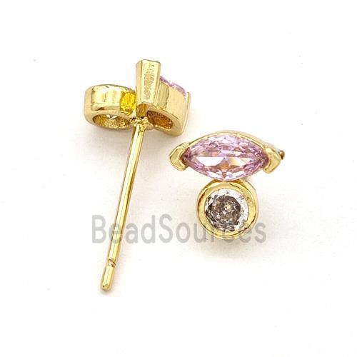 Copper Stud Earrings Pave Pink Zirconia Eye Gold Plated