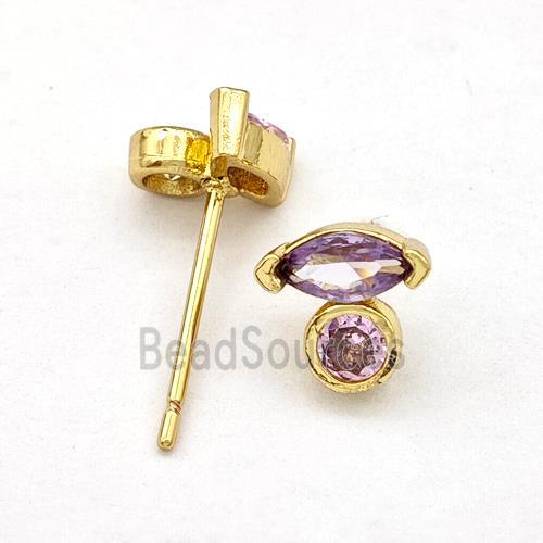 Copper Stud Earrings Pave Purple Zirconia Eye Gold Plated