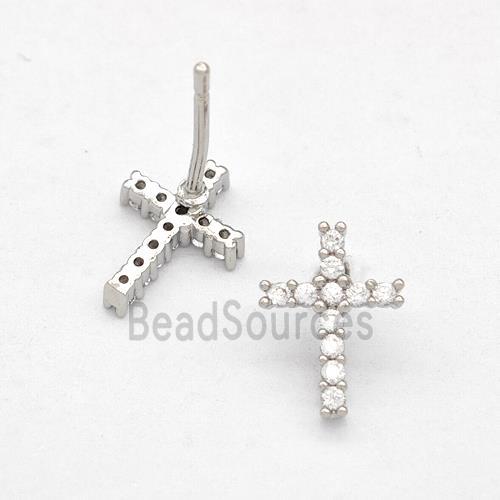 Copper Cross Stud Earrings Pave Zirconia Platinum Plated