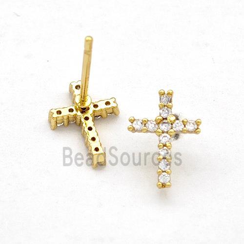 Copper Cross Stud Earrings Pave Zirconia Gold Plated