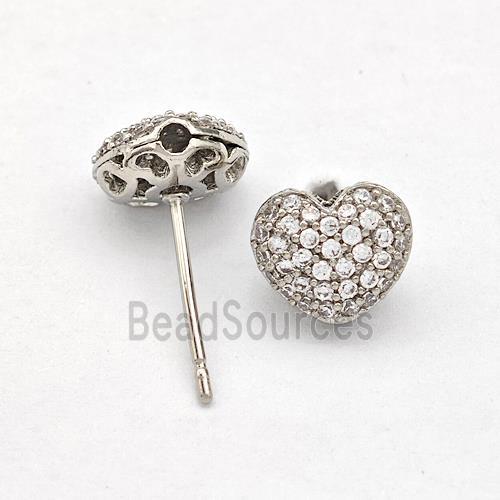 Copper Stud Earrings Pave Zirconia Heart Platinum Plated