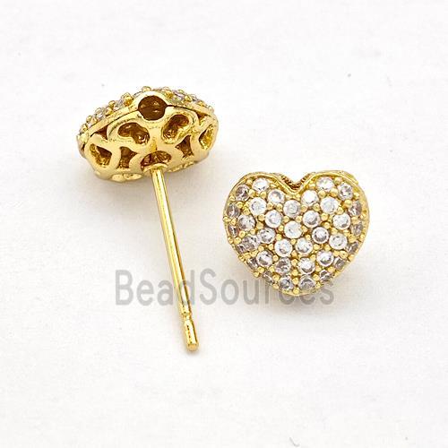 Copper Stud Earrings Pave Zirconia Heart Gold Plated