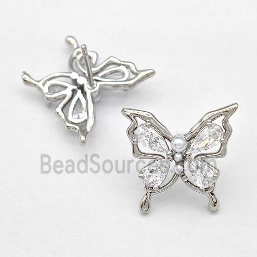 Copper Butterfly Stud Earrings Pave Zircon Platinum Plated