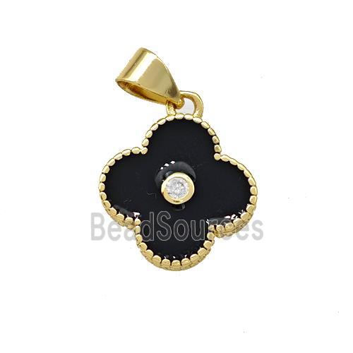 Copper Clover Pendant Pave Zirconia Black Enamel Gold Plated