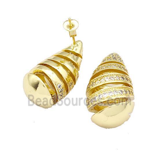 Copper Teardrop Stud Earrings Micro Pave Zirconia Hollow Gold Plated