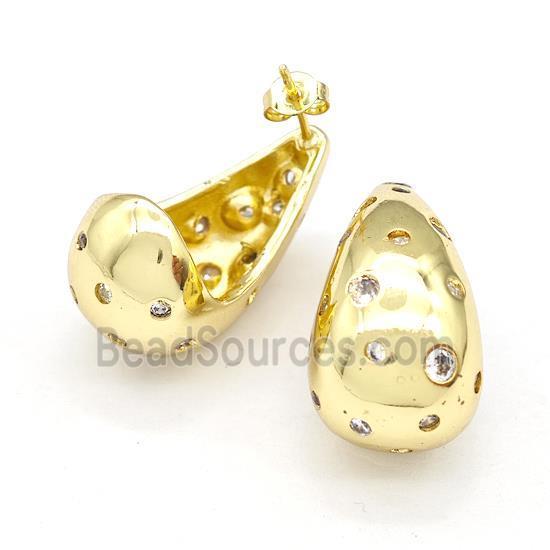 Copper Teardrop Stud Earrings Micro Pave Zirconia Hollow Gold Plated