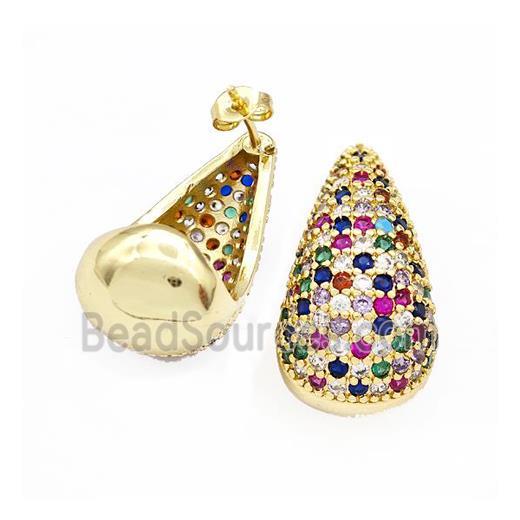 Copper Teardrop Stud Earrings Micro Pave Multicolor Zirconia Hollow Gold Plated