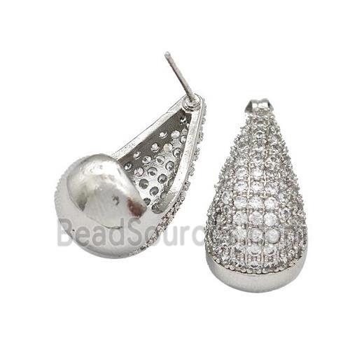 Copper Teardrop Stud Earrings Micro Pave Zirconia Hollow Platinum Plated