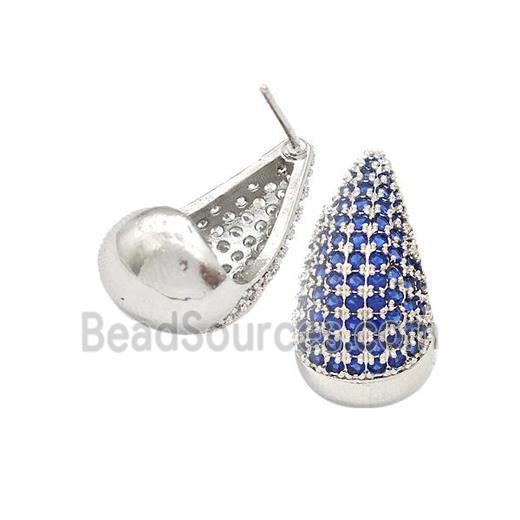 Copper Teardrop Stud Earrings Micro Pave Blue Zirconia Platinum Plated