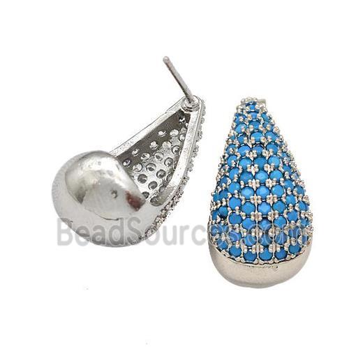 Copper Teardrop Stud Earrings Micro Pave Turqblue Zirconia Platinum Plated