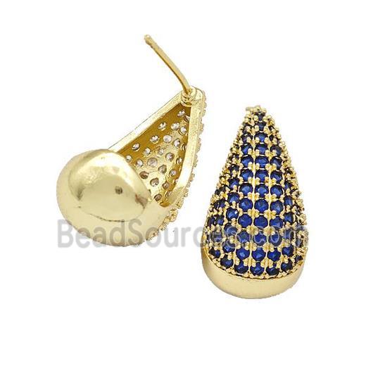 Copper Teardrop Stud Earrings Micro Pave Blue Zirconia Gold Plated