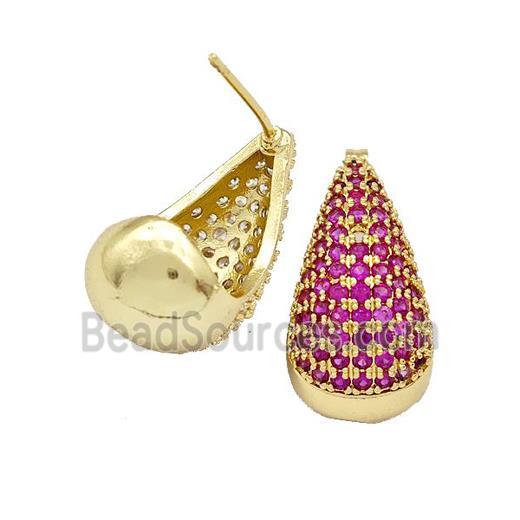 Copper Teardrop Stud Earrings Micro Pave Fuchsia Zirconia Gold Plated