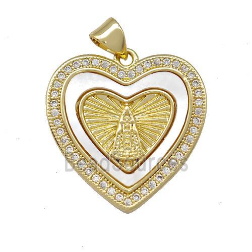 Virgin Mary Charms Copper Heart Pendant Pave Shell Zirconia 18K Gold Plated