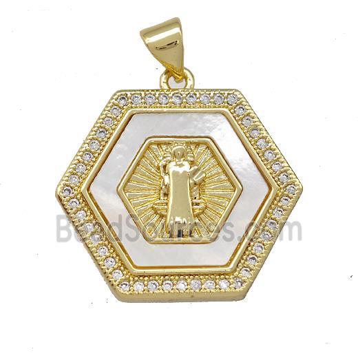 Jesus Charms Copper Hexagon Pendant Pave Shell Zirconia 18K Gold Plated