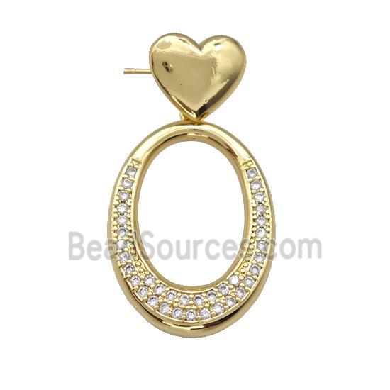 Copper Oval Stud Earrings Pave Zirconia Heart Gold Plated