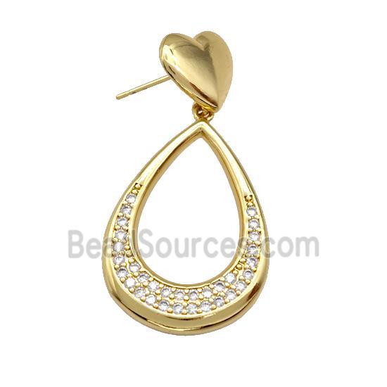 Copper Teardrop Stud Earrings Pave Zirconia Heart Gold Plated