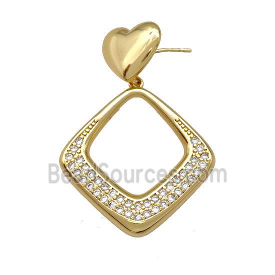 Copper Rhombus Stud Earrings Pave Zirconia Heart Gold Plated