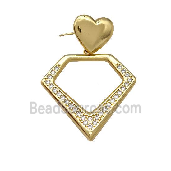 Copper Diamond Stud Earrings Pave Zirconia Heart Gold Plated