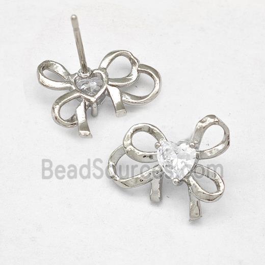 Copper Bow Earrings Stud Pave Zirconia Platinum Plated