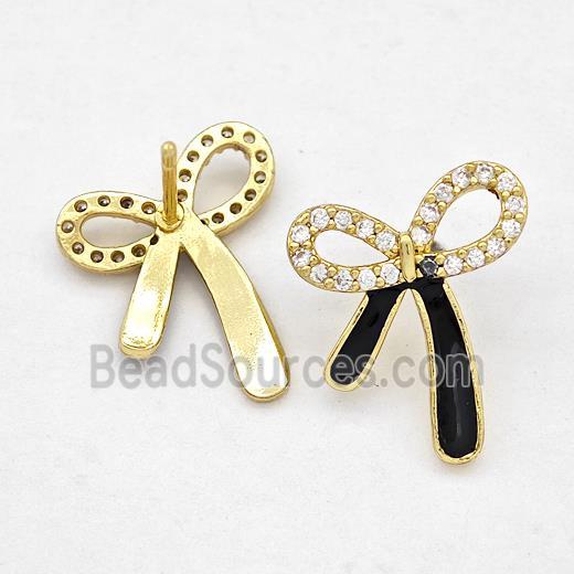 Copper Bow Earrings Stud Pave Zirconia Black Enamel Gold Plated