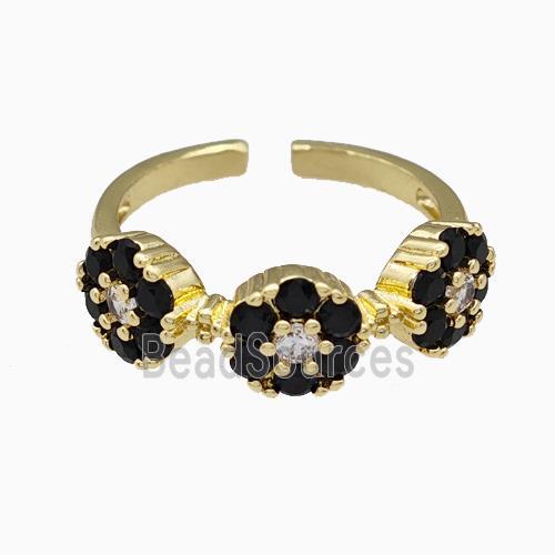 Copper Flower Rings Pave Black Zirconia Gold Plated