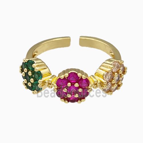 Copper Flower Rings Pave Multicolor Zirconia Gold Plated