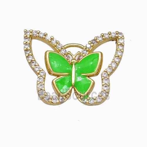 Copper Butterfly Pendant Pave Zirconia Green Enamel Gold Plated