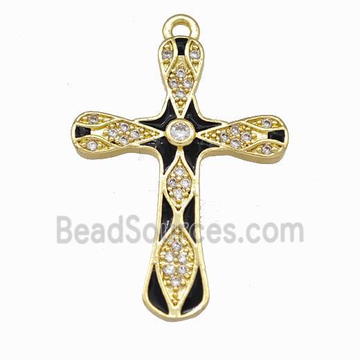 Copper Cross Pendant Pave Zirconia Black Enamel Gold Plated