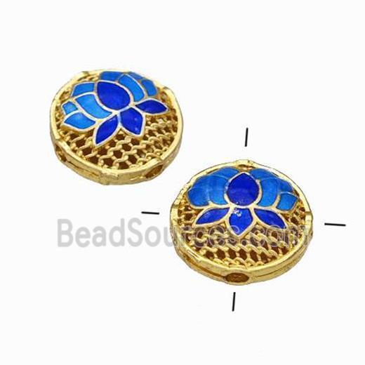 Copper Coin Beads Blue Painted Flower Hollow Gold Plated