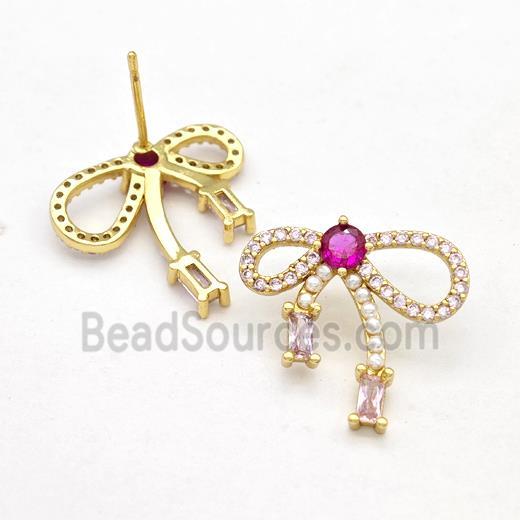 Copper Bow Stud Earrings Pave Zirconia Pearlized Resin Gold Plated