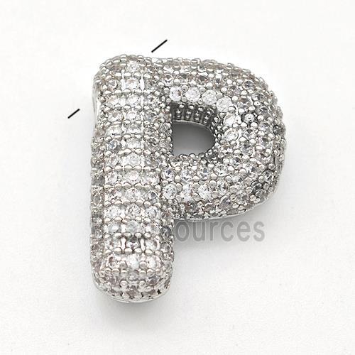 Copper Letter-P Pendant Micro Pave Zirconia Platinum Plated