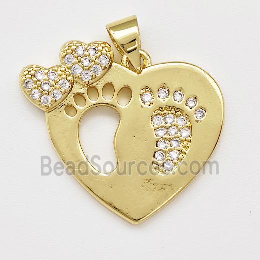 Copper Heart Pendant Micro Pave Zirconia Footprints Gold Plated
