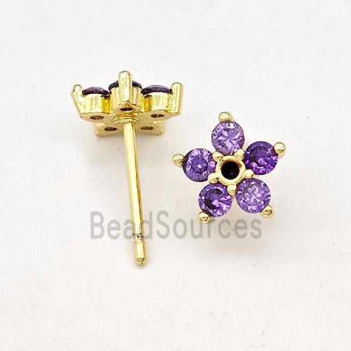 Copper Flower Stud Earring Micro Pave Zirconia Gold Plated