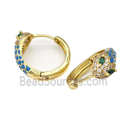 Copper Snake Hoop Earring Micro Pave Zirconia Blue Enamel Gold Plated