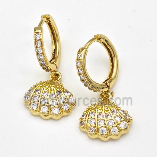 Copper Hoop Earrings Scallop Shell Pave Zirconia Gold Plated