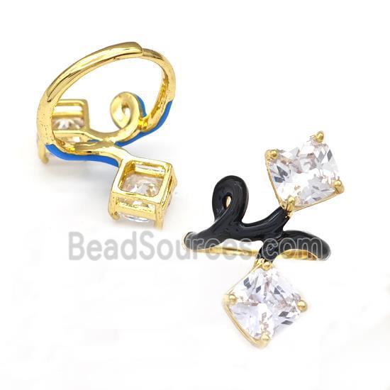 Copper Rings Pave Zirconia Black Enamel Adjustable Gold Plated