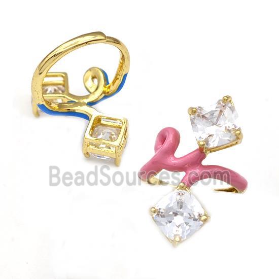 Copper Rings Pave Zirconia Pink Enamel Adjustable Gold Plated