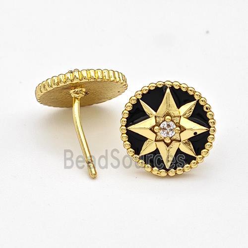 Copper Northstar Stud Earring Pave Zirconia Black Enamel Circle Gold Plated